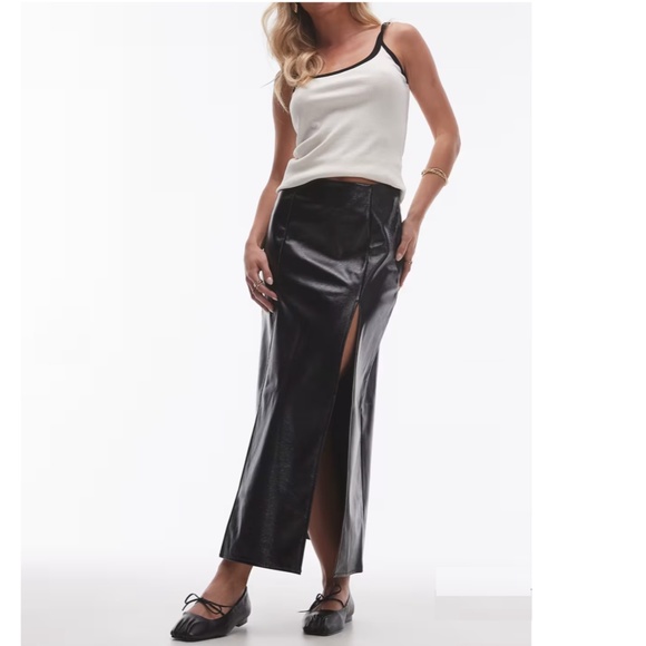 NEW TOPSHOP Black VINYL Double Slit FAUX LEATHER Rocker Chic MAXI SKIRT US 8 - Picture 7 of 16